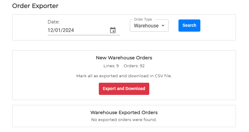 CommerceBlitz OMNI Order Exporter page showing Warehouse order type selected, Search button, and Export and Download option for downloading warehouse orders as CSV