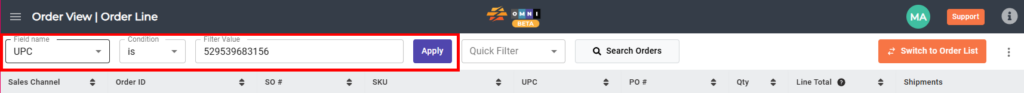 Filter bar showing a value entered and the Apply button.
