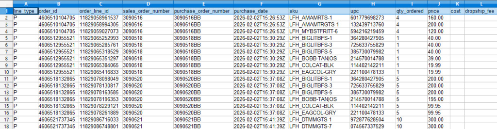 CommerceBlitz OMNI exported order CSV preview opened in Excel, showing order IDs, SKUs, UPCs, quantities, prices, costs, and purchase order data for warehouse orders
