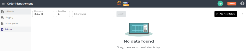 CommerceBlitz OMNI Returns page showing the Returns submenu and Add New Return button for creating and managing order returns