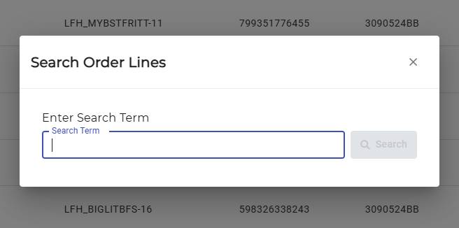 Search Order Lines modal with a search term input field.