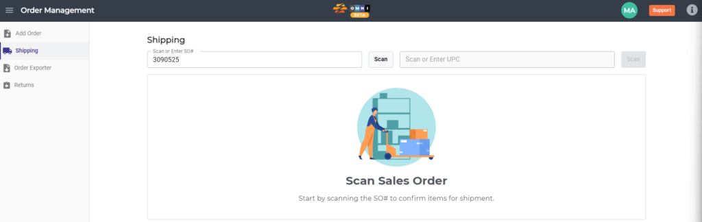 CommerceBlitz OMNI Shipping submenu showing Scan Sales Order screen with SO number entered in Scan or Enter SO field for order fulfillment.
