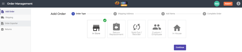 CommerceBlitz OMNI Add Order screen showing order type selection options including In Store, Return Replacement, Sold Out Reorder, Custom Employee, and In House with Continue button