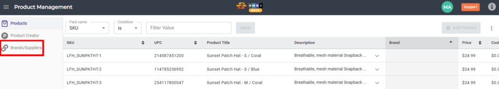 CommerceBlitz OMNI Product Management Brands and Suppliers screen showing Brands/Suppliers submenu highlighted for managing brand and supplier data
