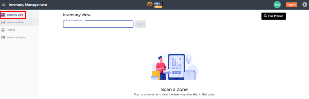 OMNI Inventory Management module showing the Inventory View page with a collapsible sidebar menu including Inventory View, Inventory Move, Picking, and Inventory Creator options for warehouse inventory management.