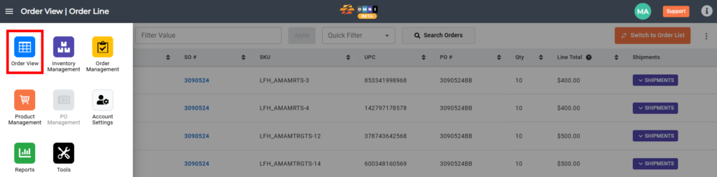 Order View option selected from the main menu.