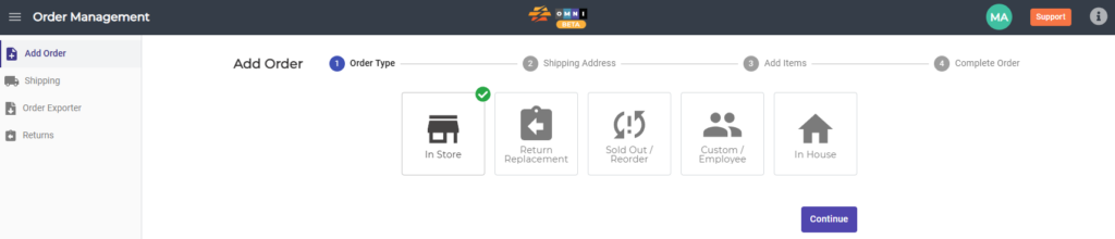 CommerceBlitz OMNI Order Management module showing the Add Order workflow and order type selection screen.
