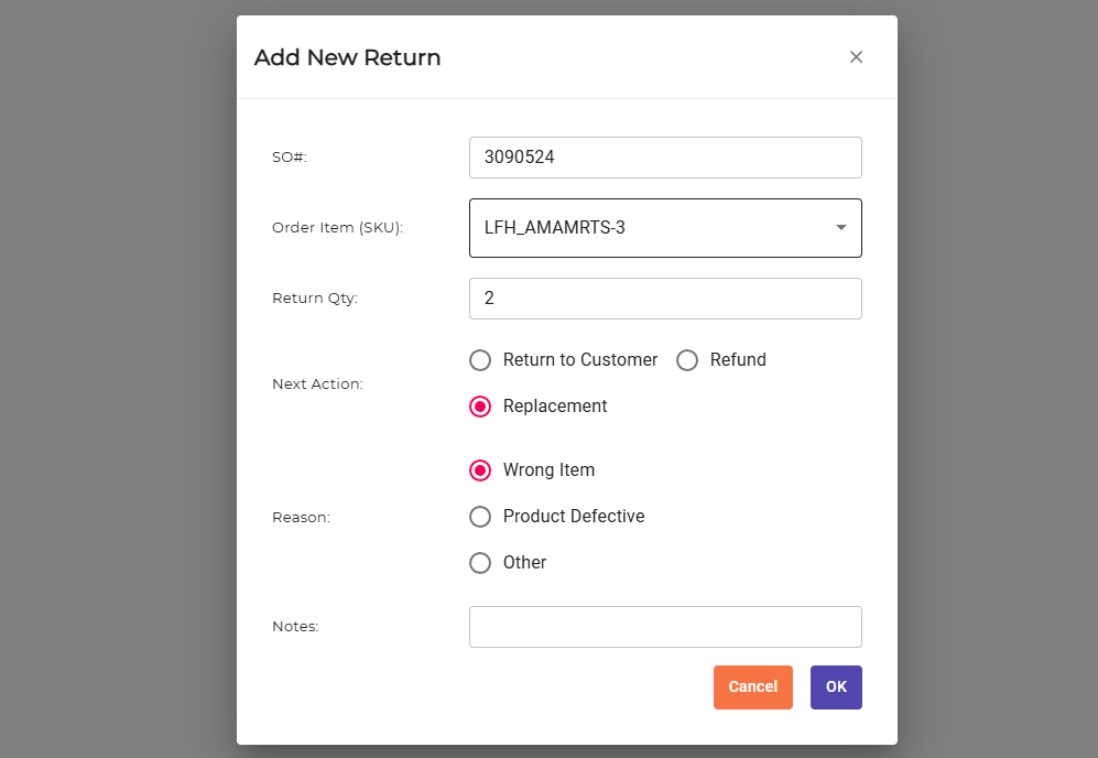 CommerceBlitz OMNI Add New Return popup showing SO number entry, SKU selection, return quantity, return reason, and confirmation for processing an order return