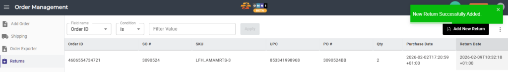 CommerceBlitz OMNI Returns page showing newly added return confirmation with return record listed and success notification banner.

