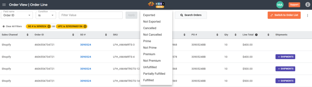 Quick Filter dropdown showing order status options.