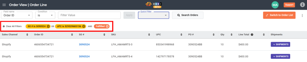 Quick Filter applied and highlighted beneath the filter bar.
