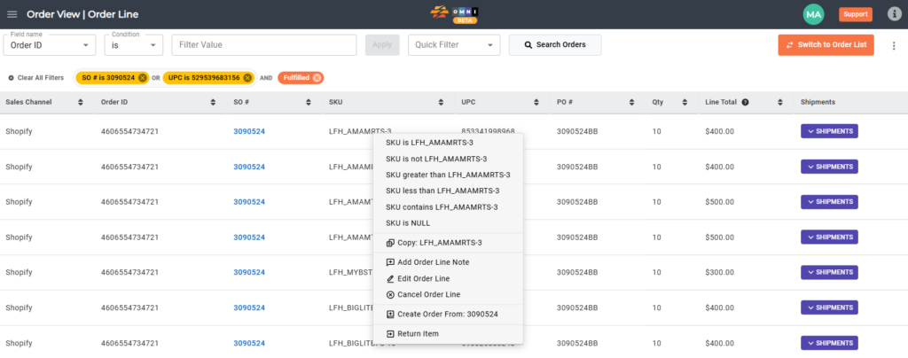 Filter shortcuts menu opened by right-clicking a data field.