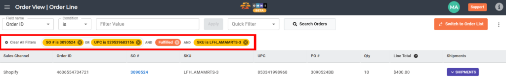 Multiple filters applied with options to clear individual or all filters.