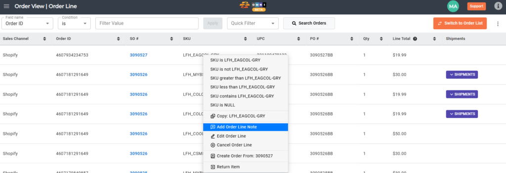 Order line right-click menu showing Add Order Line Note option.