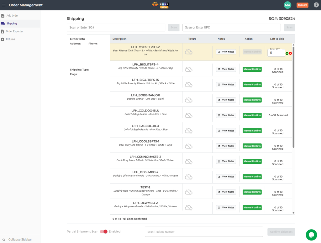 CommerceBlitz Order Management shipping screen showing partial shipment fulfillment with UPC scanning, manual confirm quantity input, and Partial Shipment Scan enabled for an order shipment
