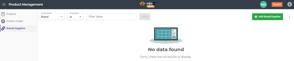 CommerceBlitz OMNI Add Brand Supplier screen showing Brands and Suppliers page with Add Brand/Supplier button to open new brand supplier popup form
