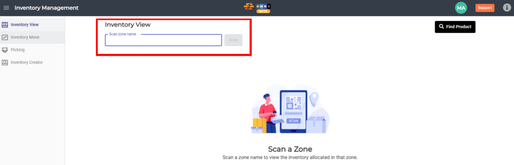 Inventory View screen showing the highlighted Scan zone name input field used to enter or scan a warehouse zone and display inventory assigned to that zone.

