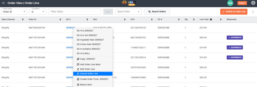 Order line right-click menu showing Cancel Order Line option.
