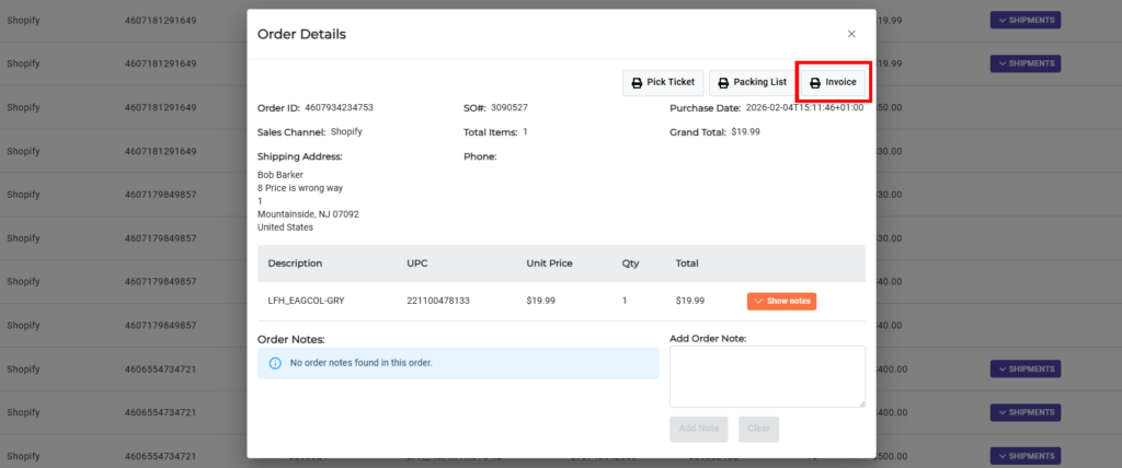 Order Details popup showing the Invoice button highlighted.
