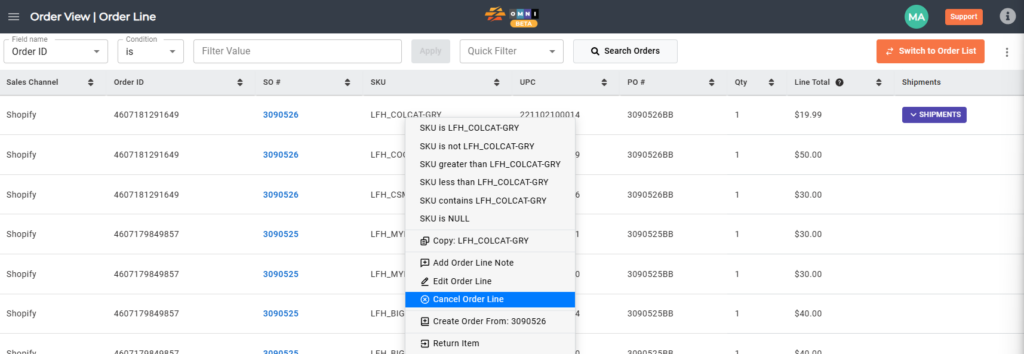 Order line right-click menu showing Cancel Order Line option.
