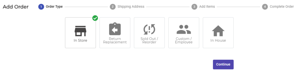 CommerceBlitz OMNI Add Order page displaying order type selection for manual order creation.
