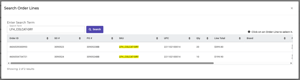 Search Order Lines results showing filtered order lines.