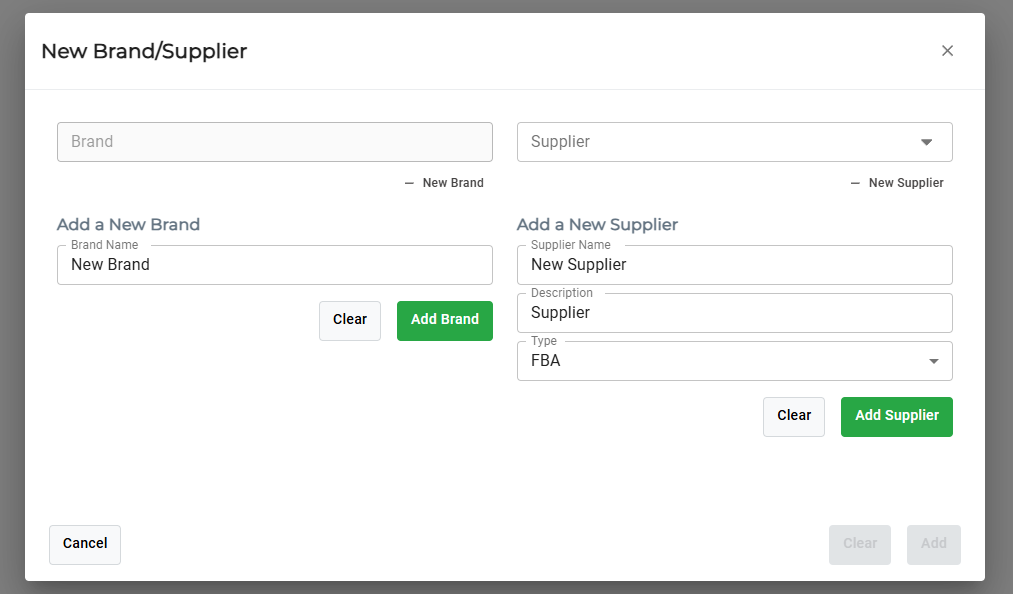 CommerceBlitz OMNI New Brand Supplier popup showing Add New Brand and Add New Supplier form with brand name, supplier name, description, type selection, and add buttons
