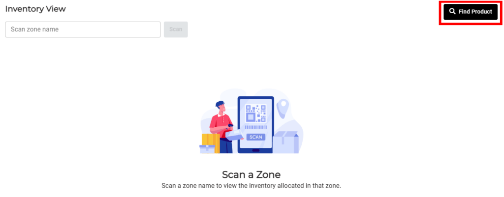 Inventory View page in OMNI highlighting the Find Product search button used to open the search box for locating inventory items.