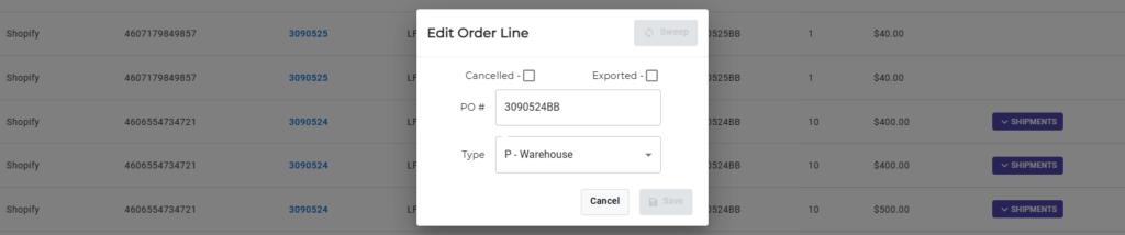 Edit Order Line popup showing order type and PO number fields.
