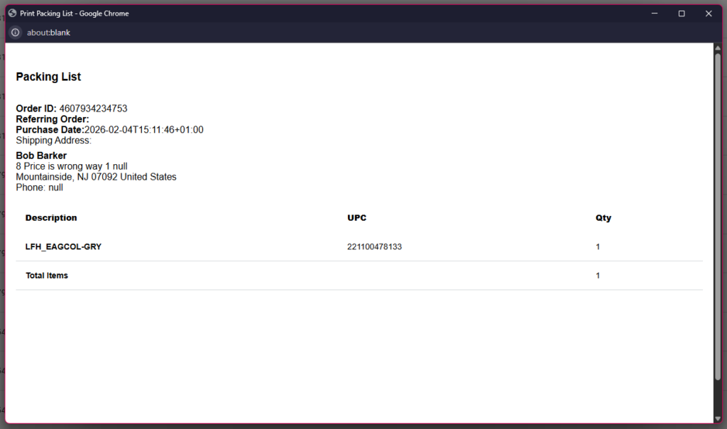 Printable packing list view displayed in the browser.
