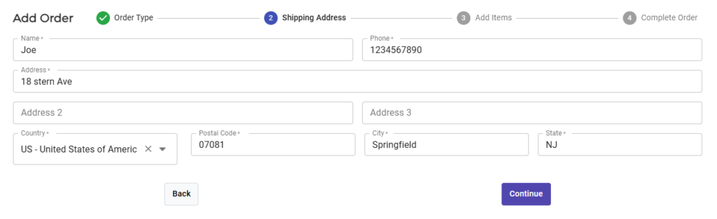 CommerceBlitz OMNI Add Order Shipping Address step showing required fields for customer name, phone number, address, city, state, postal code, and Continue button