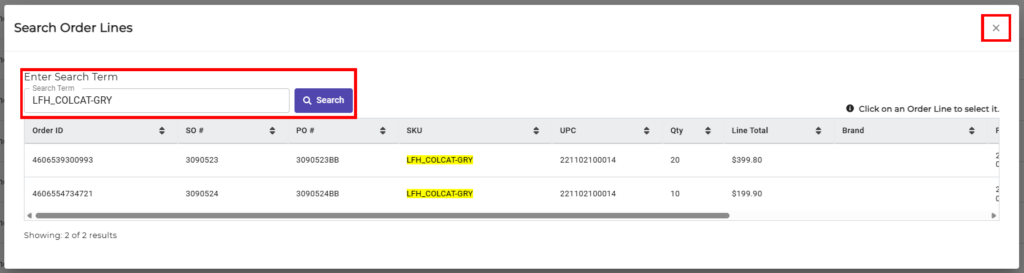 Search Order Lines screen highlighting the search field and close button.