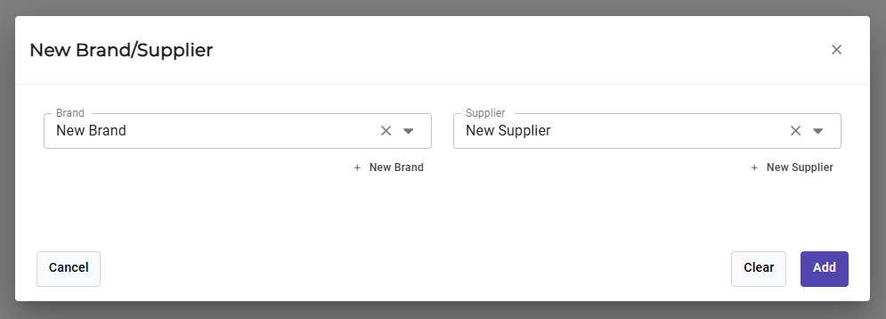 CommerceBlitz OMNI New Brand and Supplier selection popup showing populated brand and supplier dropdown menus with Add confirmation button
