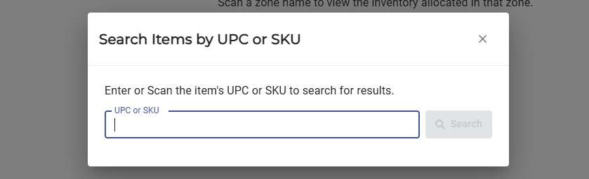 Search Items popup in Inventory View showing UPC or SKU search field used to find inventory items within the warehouse system.