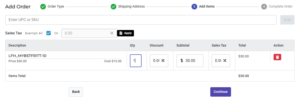 CommerceBlitz OMNI Add Order screen showing item details with editable quantity, discount, subtotal, sales tax, and remove item option.
