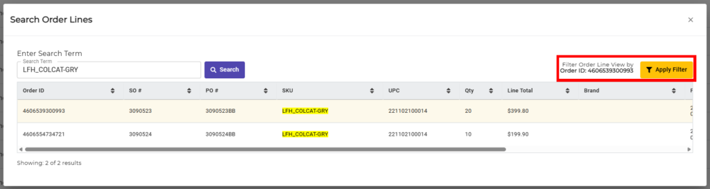 Search Order Lines results with an order selected and Apply Filter button highlighted.
