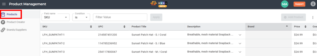 CommerceBlitz OMNI Product Management Products page showing Quick Filter option for filtering product catalog by SKU, UPC, brand, price, or cost
