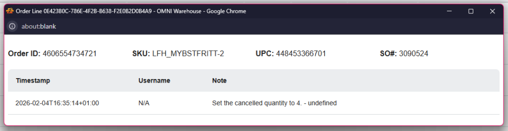 Order line cancellation history showing timestamp and note.
