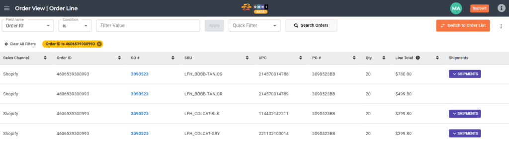 Order Line View showing filtered results with an active order ID filter.