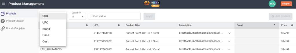 CommerceBlitz OMNI Product Management filter dropdown showing field name selection options including SKU, UPC, brand, price, and cost for product catalog filtering

