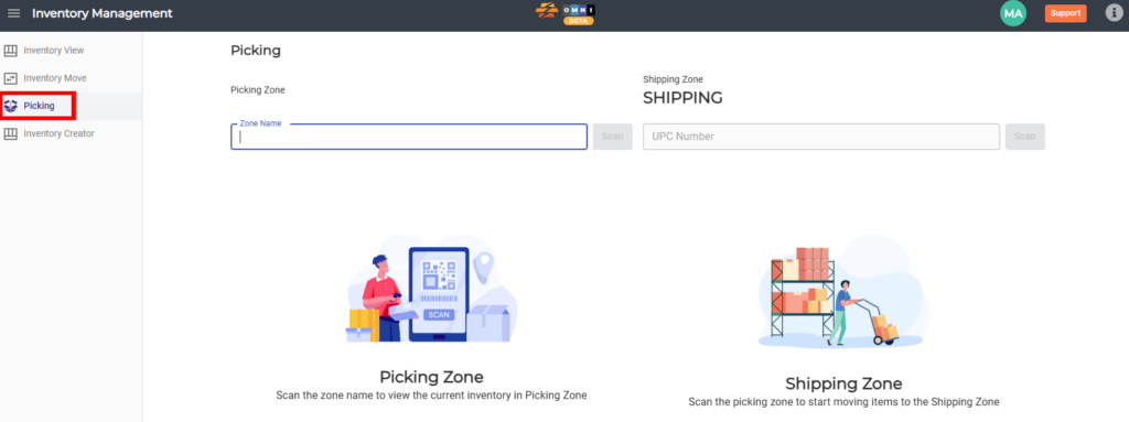 Inventory Management Picking page showing the Picking submenu selected, with fields to scan a picking zone and move items to the Shipping Zone.
