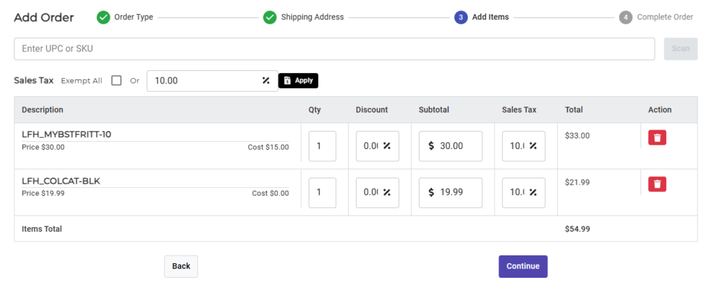 CommerceBlitz OMNI Add Order screen showing global sales tax applied to all order items using the Order Sales Tax field before completing the order.
