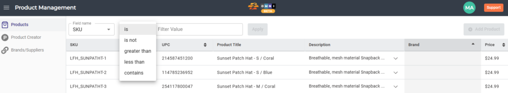 CommerceBlitz OMNI Product Management condition filter dropdown showing options is, is not, greater than, less than, and contains for product catalog filtering
