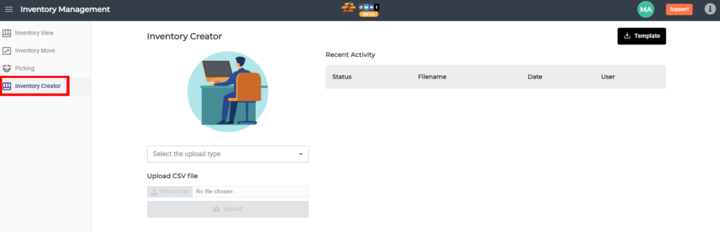 Inventory Creator allows you to upload partial or full inventory quantities using a CSV file.
To get started, download the Template from the upper-right corner of the page. After completing the required fields in the template, choose either Full or Partial Upload from the Select the upload type dropdown. Upload the saved CSV file to begin the process. Once submitted, the upload status will appear in Recent Activity after the page refreshes.