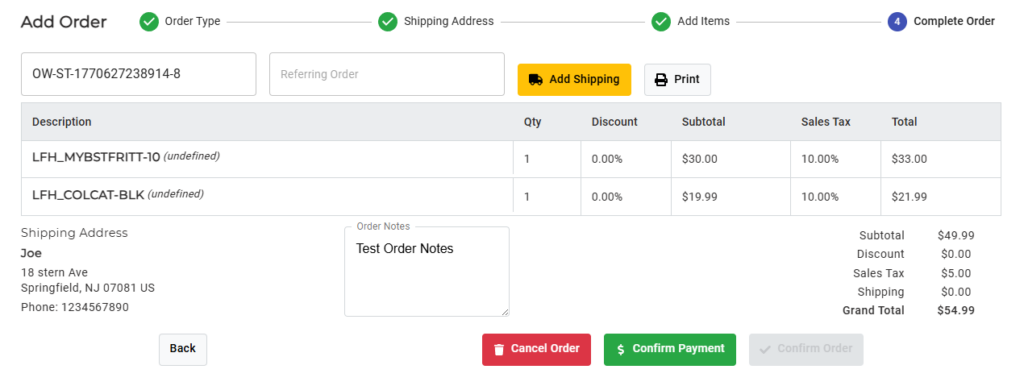 CommerceBlitz OMNI Complete Order screen displaying order summary, auto-generated order ID, order notes, shipping details, taxes, and final order total.
