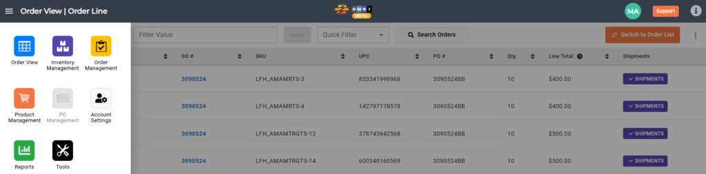 OMNI menu slideout showing available navigation options.