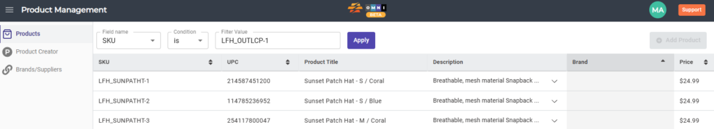 CommerceBlitz OMNI Product Management filter value input showing SKU entered and Apply button used to filter the product catalog
